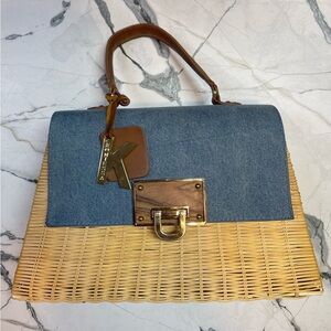 Kontessa italian straw and denim handbag with gold hardware and leather straps
